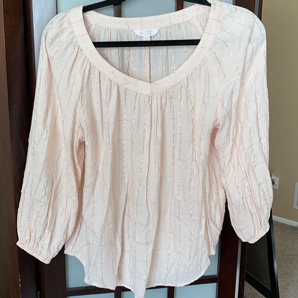 Cream colored linen blouse with rose/gold colored lines.